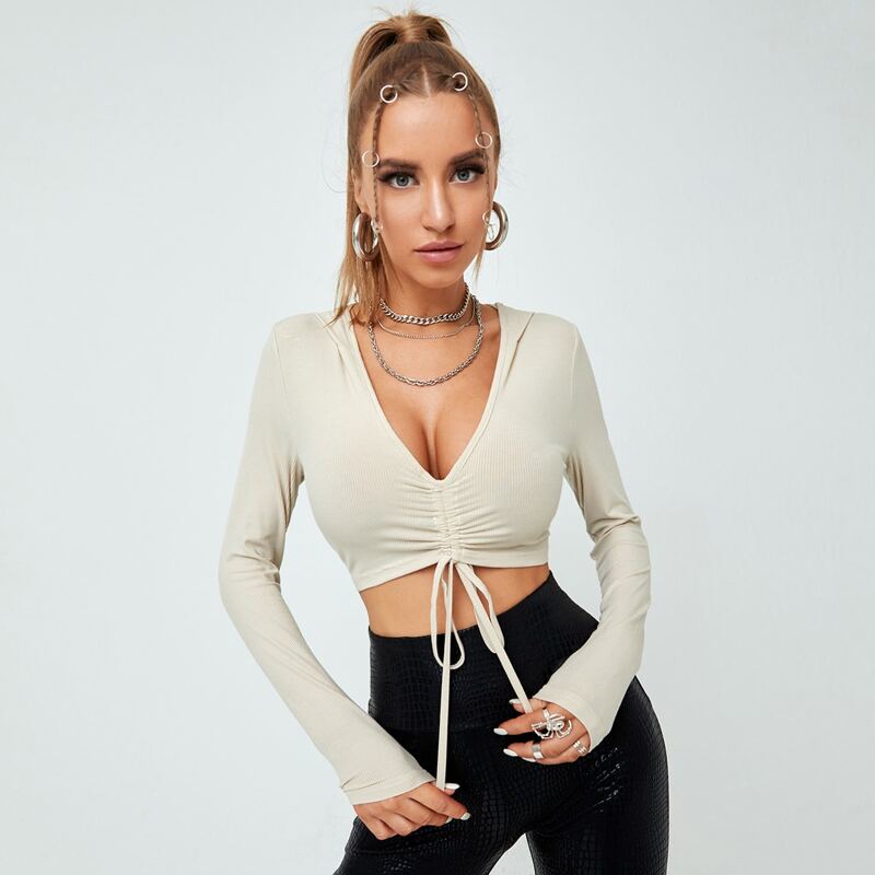 

Ruched Drawstring Plunging Hooded Sweatshirt, Apricot