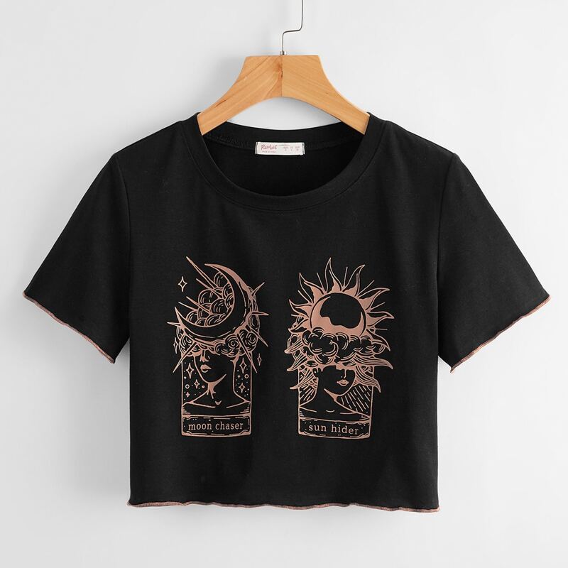 

Sun & Moon Graphic Crop Tee, Black