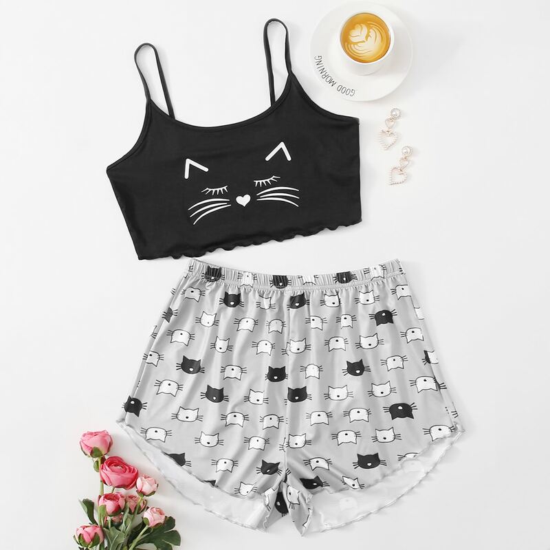 

Cartoon Graphic Lettuce Trim Cami Pajama Set, Multicolor