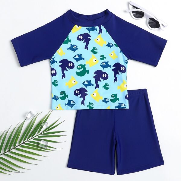 

Toddler Boys Cartoon Fish Print Swimsuit, Multicolor