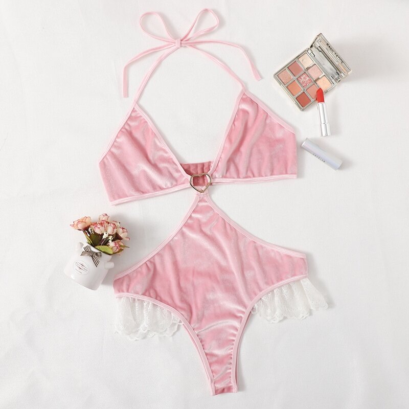 

Lace Trim Cut-out Flannel Teddy Bodysuit, Pink