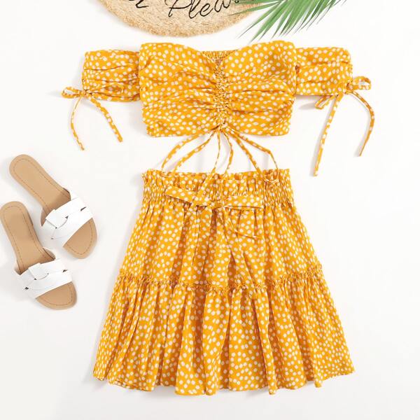 

Off Shoulder Drawstring Ruched Top & Ditsy Floral Skirt Set, Yellow