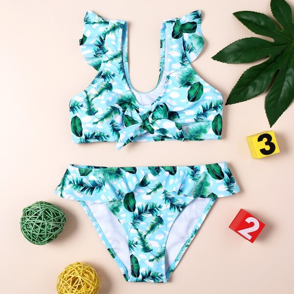 

Toddler Girls Leaf Print Bow Front Bikini Swimsuit, Multicolor