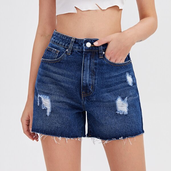 

High Waist Raw Hem Ripped Denim Shorts, Dark wash