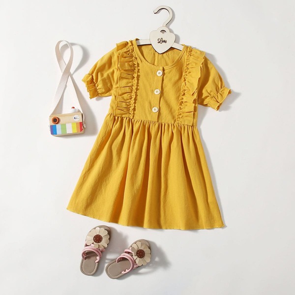 

Toddler Girls Ruffle Trim Button Front Smock Dress, Yellow
