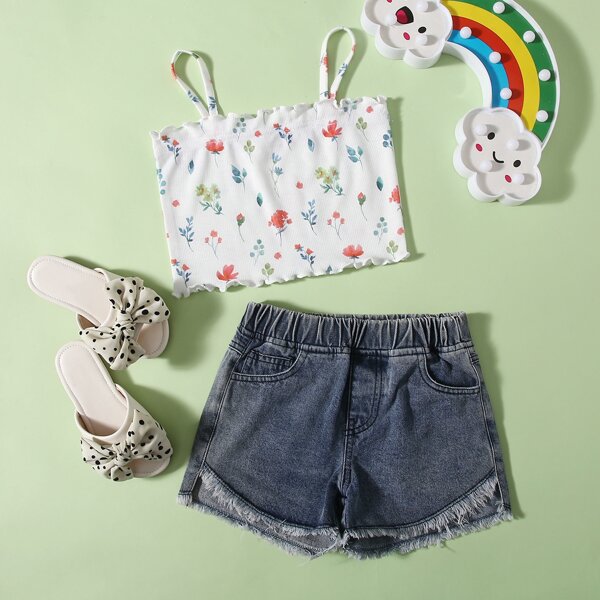 

Toddler Girls Floral Lettuce Cami Top With Denim Shorts, Multicolor