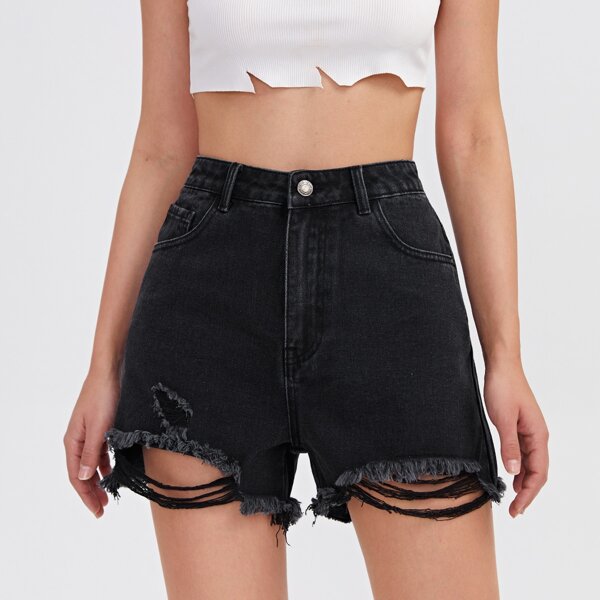 

High Waist Raw Hem Denim Shorts, Black