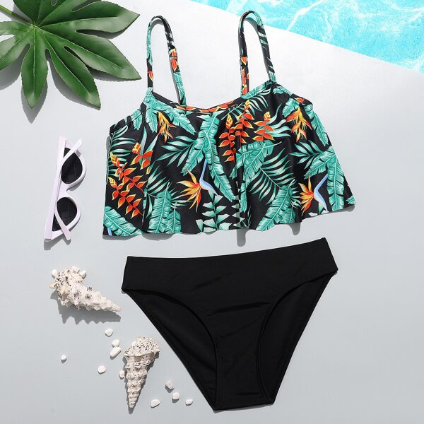 

Girls Random Plant Print Bikini Swimsuit, Multicolor
