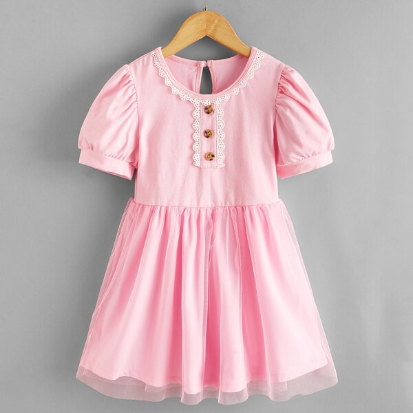 

Toddler Girls Lace Trim Puff Sleeve A-line Dress, Pink