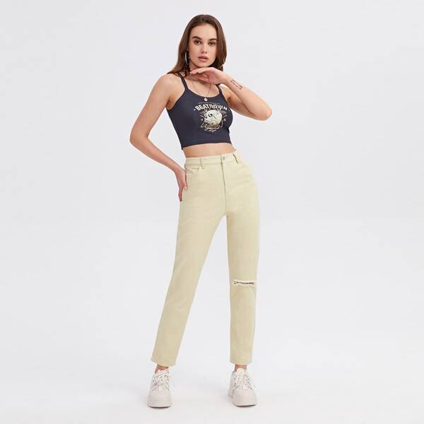 

Ripped Straight Leg Solid Jeans, Khaki