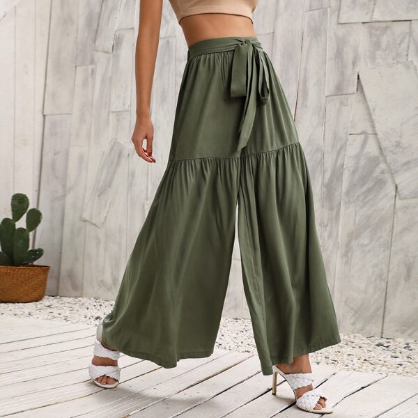 

Solid Belted Wide Leg Pants, Army green