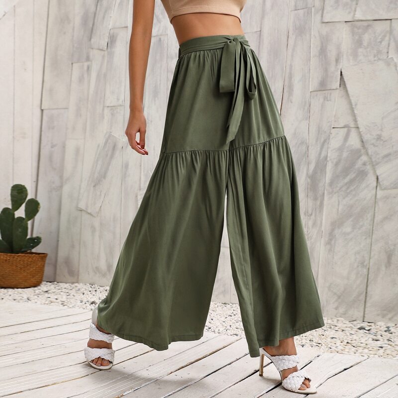 

Solid Belted Wide Leg Pants, Army green