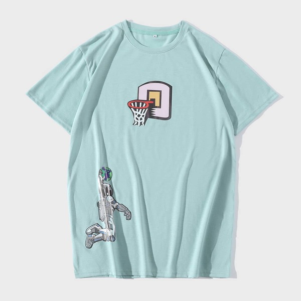 

Men Cartoon Graphic Short Sleeve Tee, Mint blue