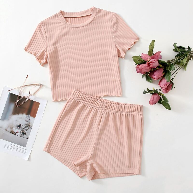 

Ribbed Lettuce Trim Solid Tee & Shorts Lounge Set, Baby pink