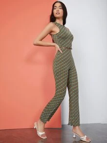 SHEIN Privé 滿版圖案生菜邊背心上衣和褲子套裝 - 彩色 - 查看 1