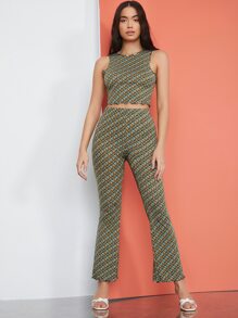 SHEIN Privé 滿版圖案生菜邊背心上衣和褲子套裝 - 彩色 - 查看 3