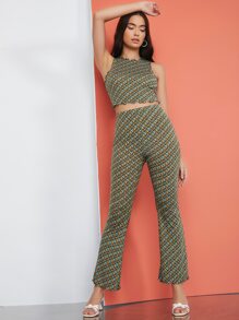 SHEIN Privé 滿版圖案生菜邊背心上衣和褲子套裝 - 彩色 - 查看 5