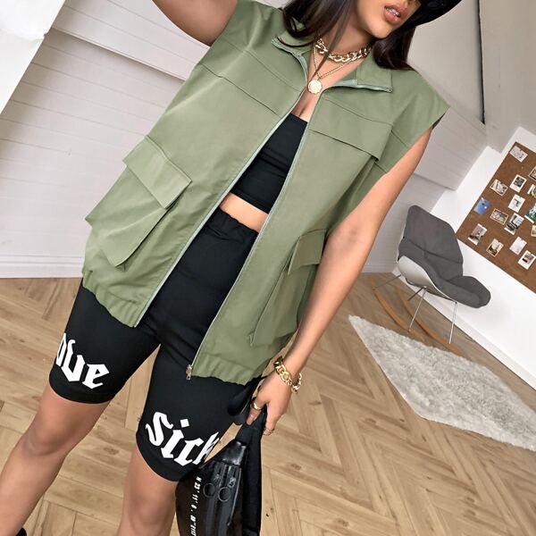 

Zip Up Flap Pocket Vest, Army green