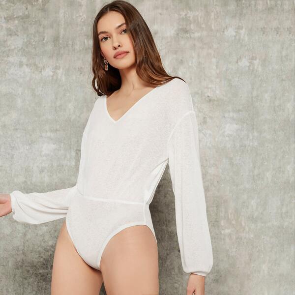 

Drop Shoulder Lantern Sleeve Bodysuit, White