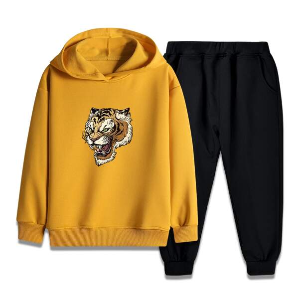 

Boys Tiger Print Hoodie & Sweatpants Set, Multicolor