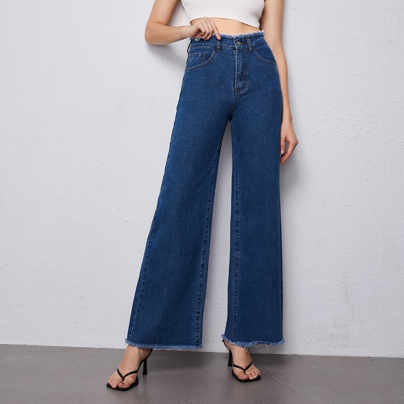 

Raw Hem Wide Leg Jeans, Dark wash