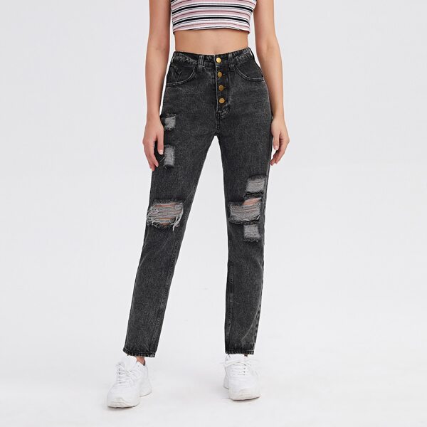 

Button Fly Ripped Straight Leg Jeans, Black