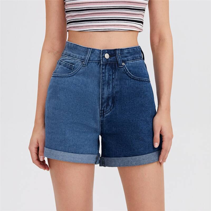 

Roll Hem Colorblock Denim Shorts, Medium wash