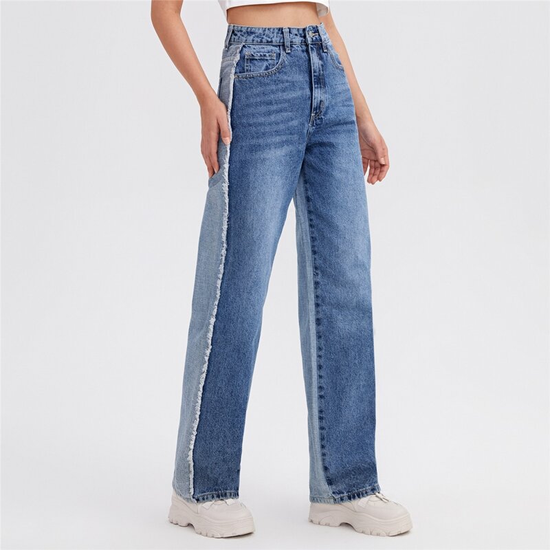 

Slant Pocket Colorblock Straight Jeans, Medium wash