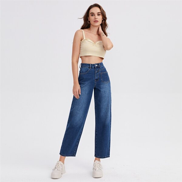 

High Waist Patch Pocket Straight Jeans, Dark wash