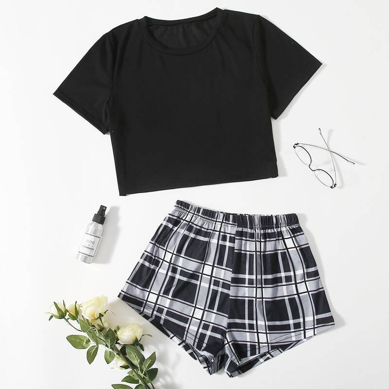 

Crop Tee & Plaid Shorts PJ Set, Multicolor