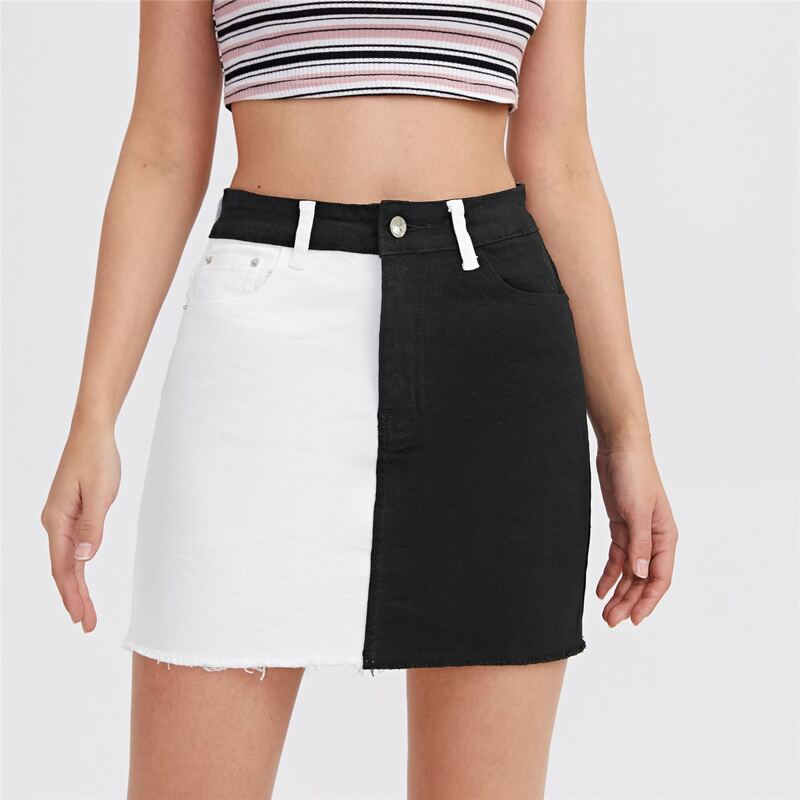 

Raw Hem Colorblock Denim Skirt, Black and white