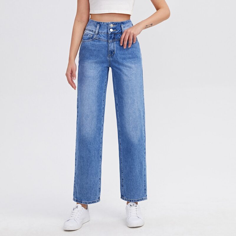 

Button Fly Slant Pocket Straight Jeans, Medium wash