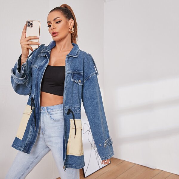 

Drawstring Waist Flap Pocket Denim Jacket, Medium wash