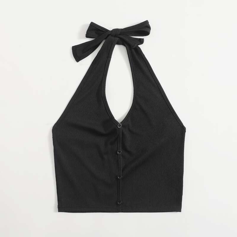 

Button Front Halter Tank Top, Black