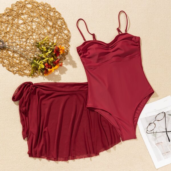 

Ruched Detail One Piece Swimsuit With Mesh Beach Skirt, Burgundy
