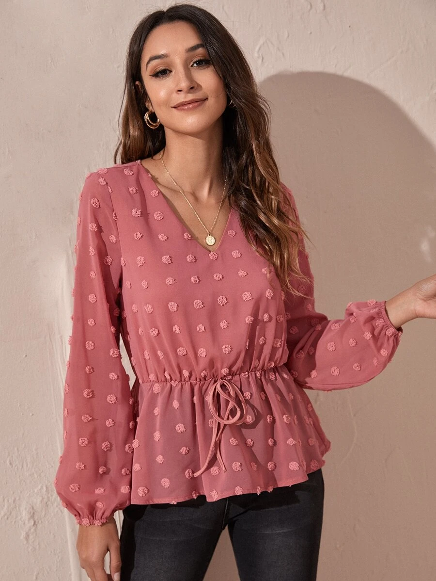 Swiss Dot Knot Front Peplum Blouse - Watermelon Pink - View 1