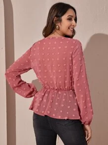 Swiss Dot Knot Front Peplum Blouse - Watermelon Pink - View 2