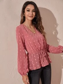 Swiss Dot Knot Front Peplum Blouse - Watermelon Pink - View 4