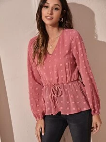 Swiss Dot Knot Front Peplum Blouse - Watermelon Pink - View 5