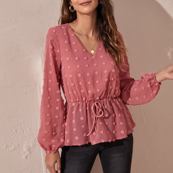 

Swiss Dot Knot Front Peplum Blouse, Watermelon pink