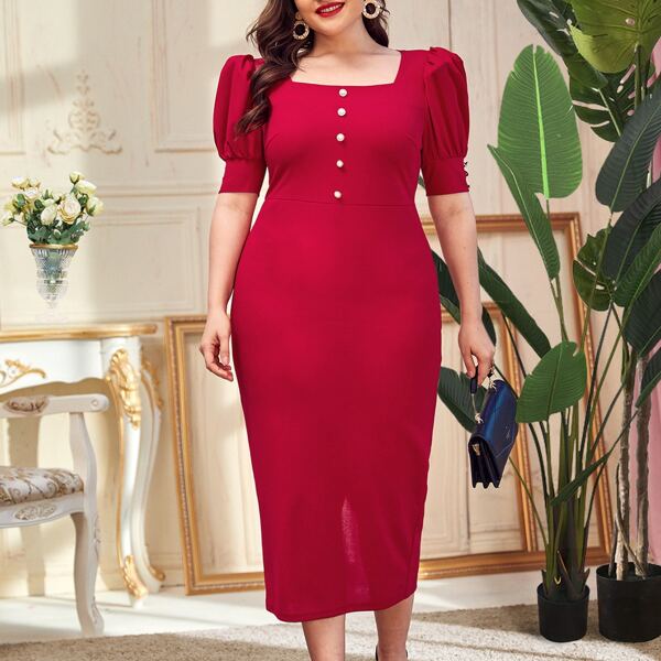 

Plus Square Neck Puff Sleeve Dress, Burgundy