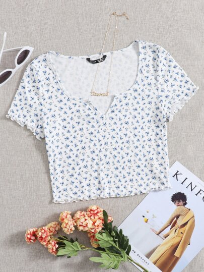 SHEIN VCAY Notched Neck Ditsy Floral Tee