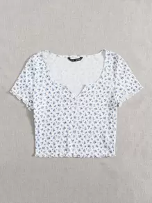 SHEIN VCAY Camiseta floral de margarita de cuello V - Blanco - Ver 3