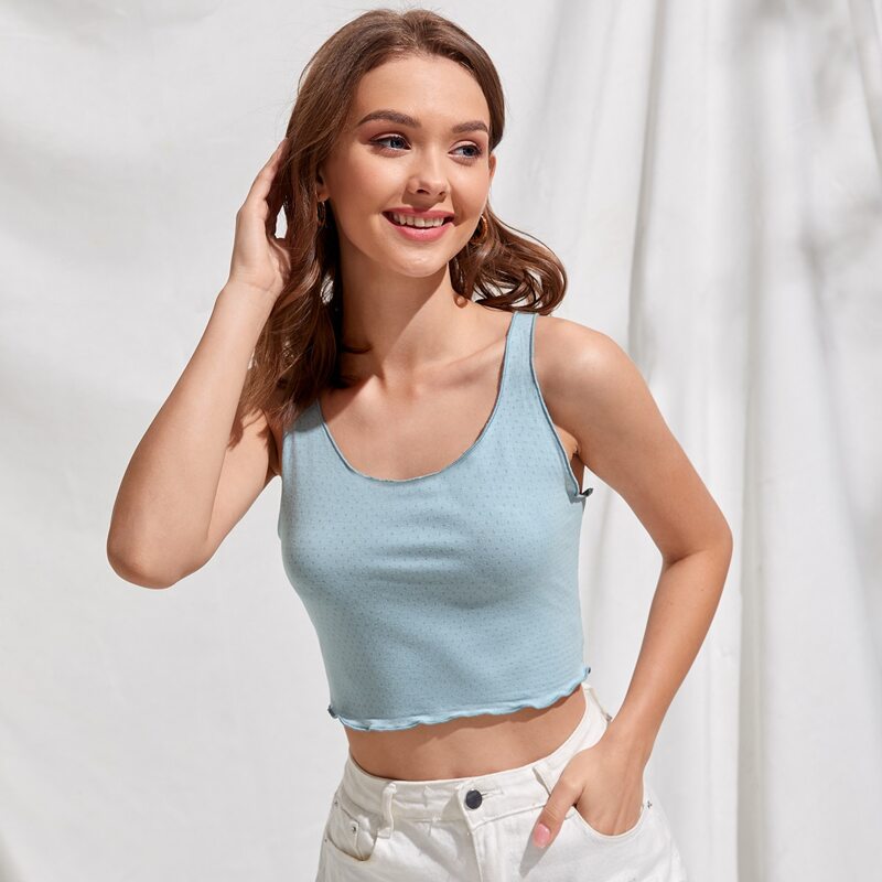 

Swiss Dot Lettuce Trim Tank Top, Baby blue