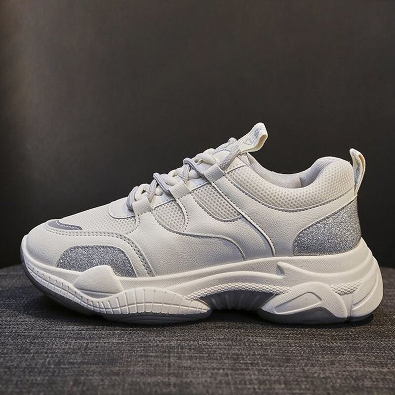 

Glitter Lace-up Mesh Chunky Sneakers, White