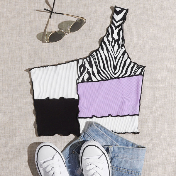

One Shoulder Zebra Panel Colorblock Top, Multicolor