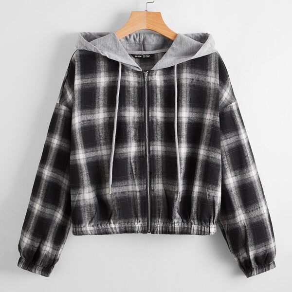 

Drop Shoulder Plaid Hooded Jacket, Black and white