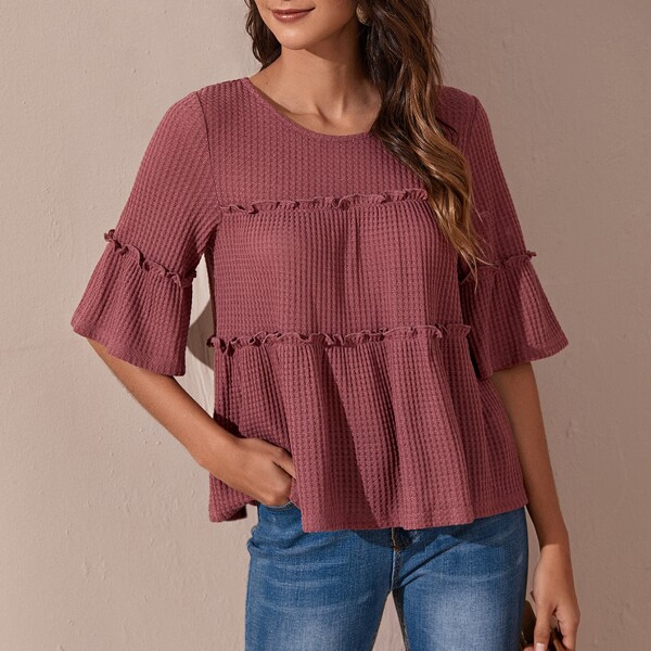 

Flounce Sleeve Frill Trim Smock Tee, Redwood