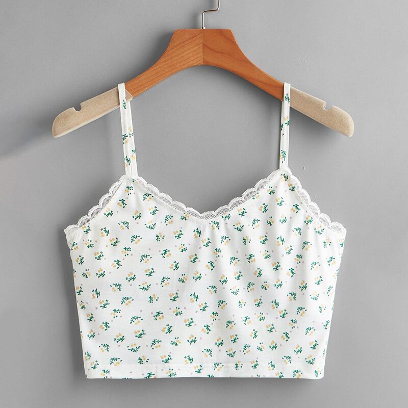 

Contrast Lace Ditsy Flower Crop Cami, White