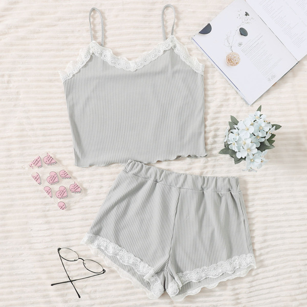

Rib-knit Lace Trim Cami Pajama Set, Light grey